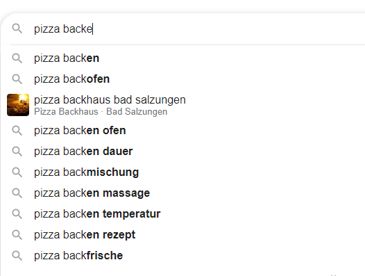 "pizza backe" wird in Google Suchleiste eingegeben