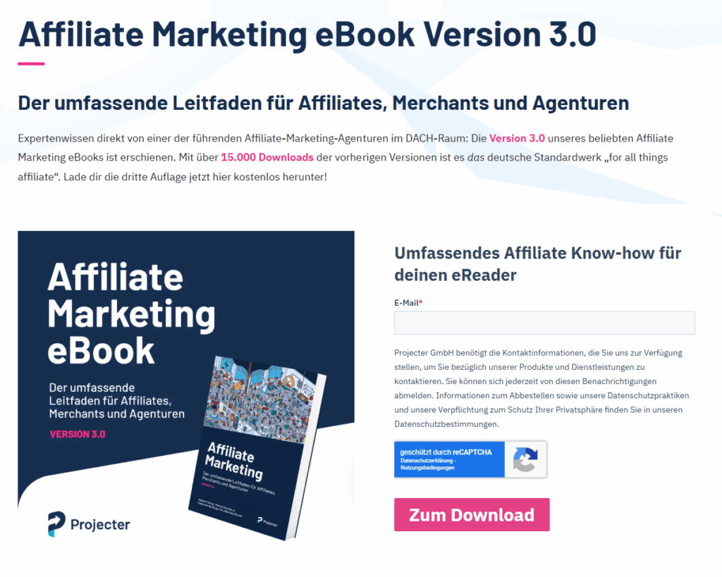 Screenshot des Ebooks zum Thema "Affiliate Marketing" von der Agentur Projector