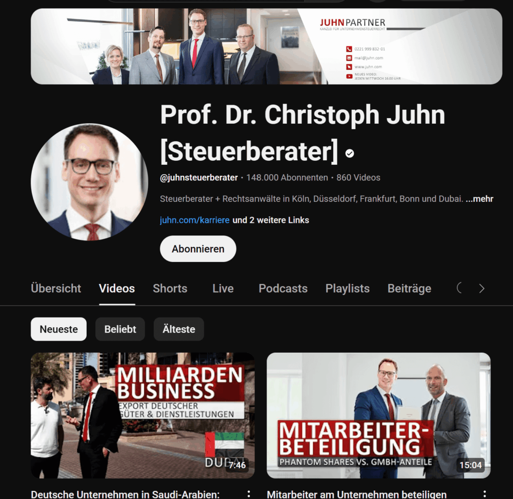 Screenshot des YouTube-Kanals Christoph Juhns