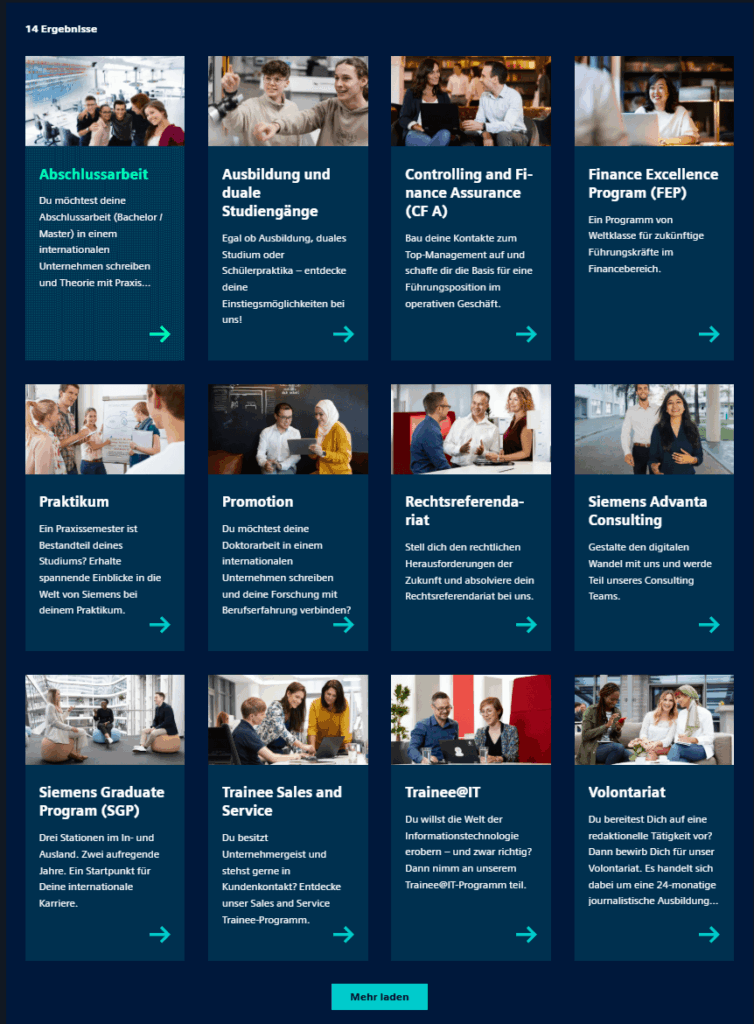 Screenshot von Fotos auf der Siemens-Karriereseite