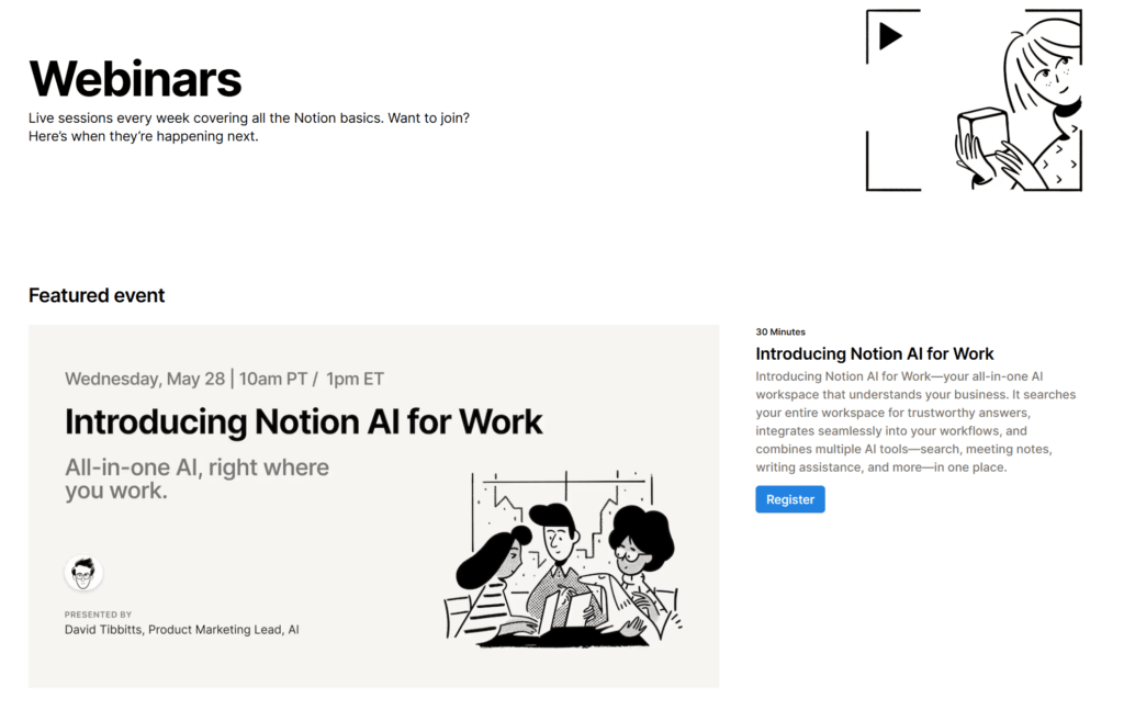 Screenshot der Webinarseite von Notion